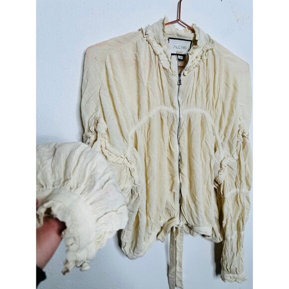 ALEXIS Ivory Cream Crinkle Chiffon Peasant Zip Front Drawstring Hem Posey Top S - Picture 2 of 16